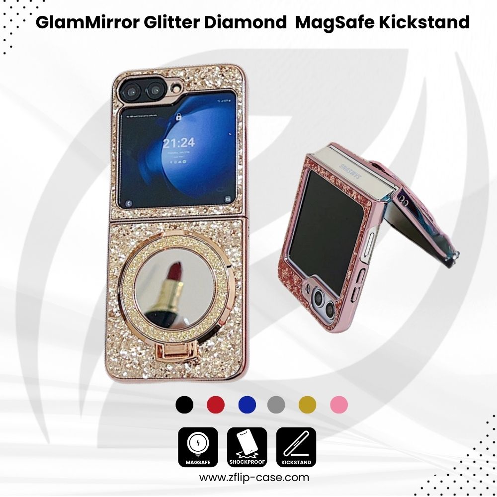 GlamMirror Z Flip 6, 5, 4 Glitter Diamond Case with MagSafe Kickstand