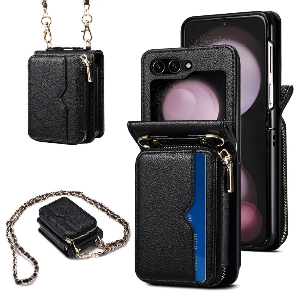 Black LuxeCross Z Flip 6, 5, 4, 3 Leather Crossbody Case