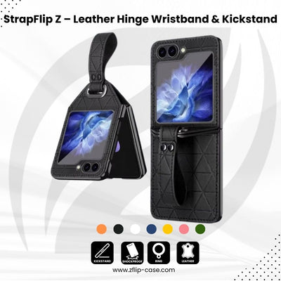 StrapFlip Z – Leather Hinge Case with Wristband & Kickstand