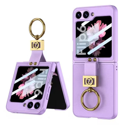 Purple LeatherGuard Z Flip 6, 5 Leather Ring Case